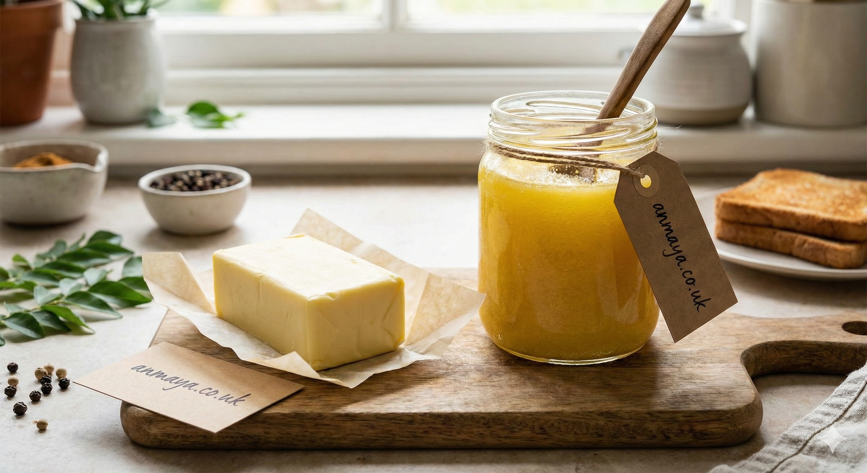 Anmaya Ghee and Butter on a wooden board